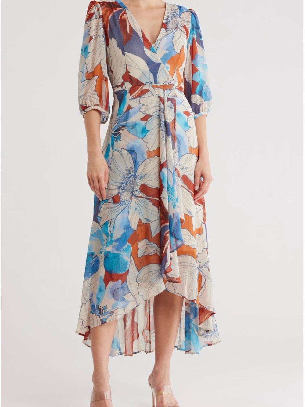 Calvin Klein Floral Wrap Midi Dress in Blue & Orange